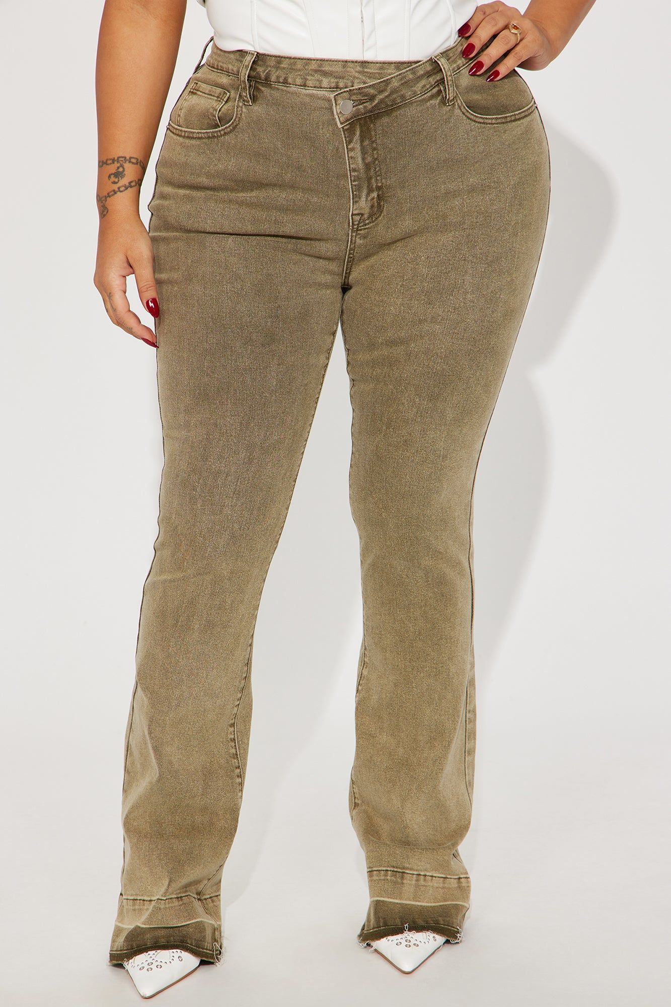 Verdant High Rise Stretch Flare Jeans - Olive sold by Fashion Nova product image thumbnail 5