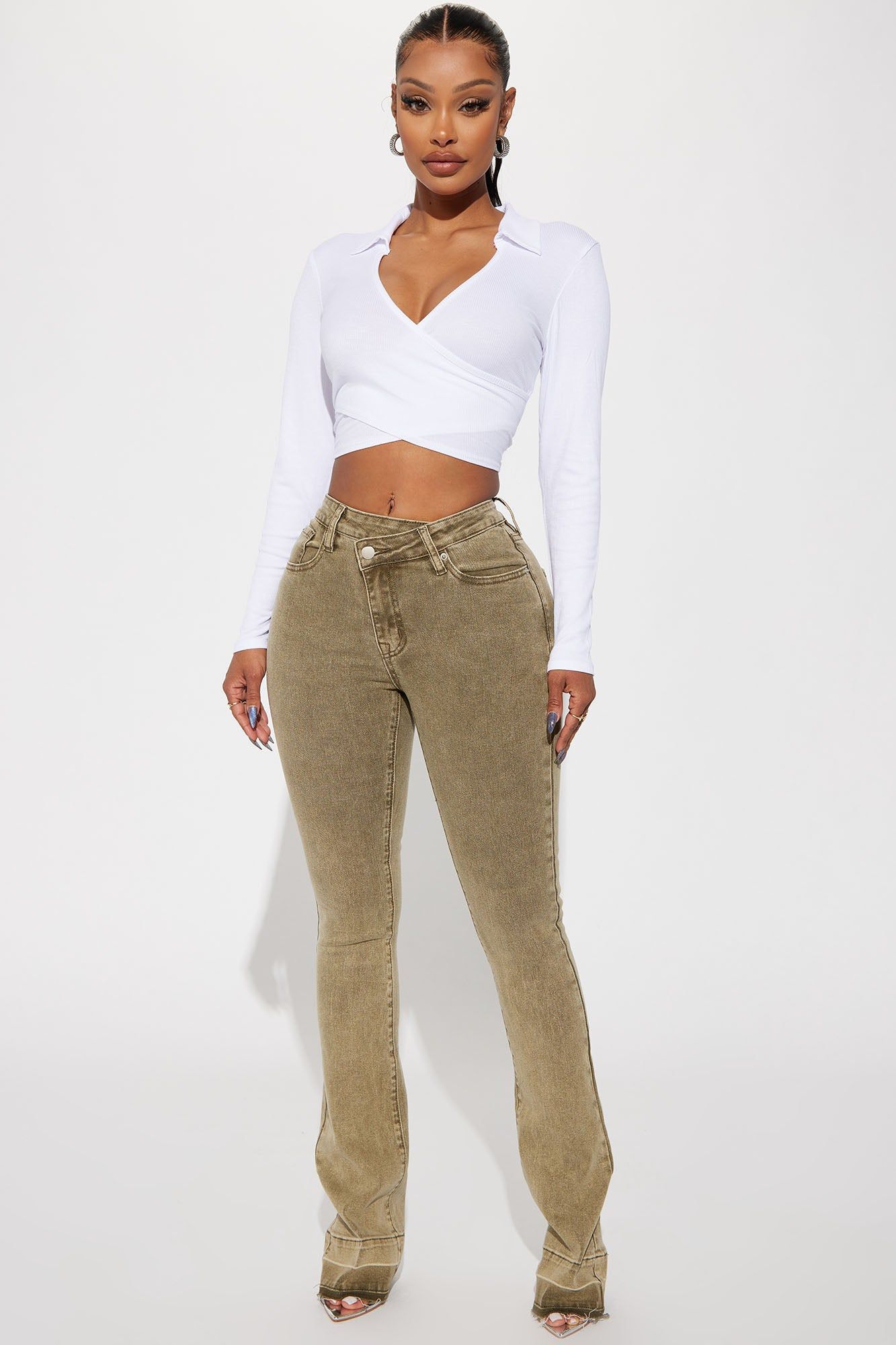 Verdant High Rise Stretch Flare Jeans - Olive sold by Fashion Nova