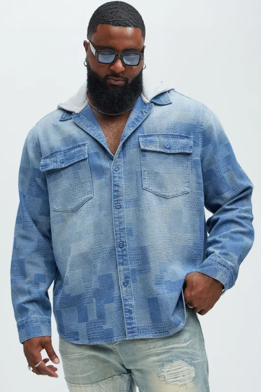 Burney Hooded Denim Shacket - Light Wash sold by Fashion Nova