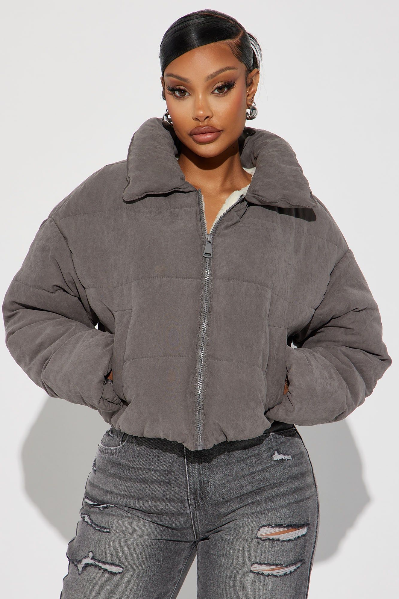 Too Hot To Handle Puffer Jacket - Grey sold by Fashion Nova