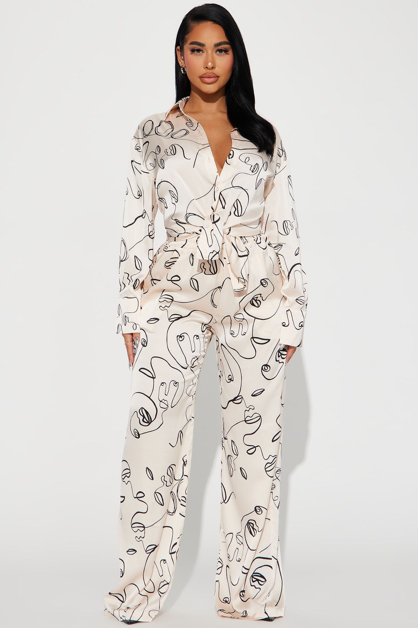 Stop Staring Satin Pant Set - Cream/combo sold by Fashion Nova