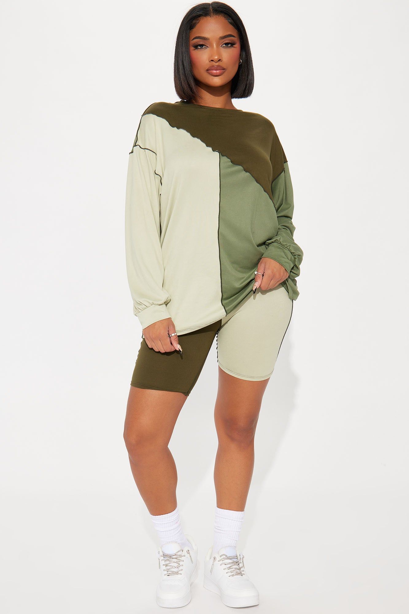No Drama Long Sleeve Short Set - Olive/combo sold by Fashion Nova