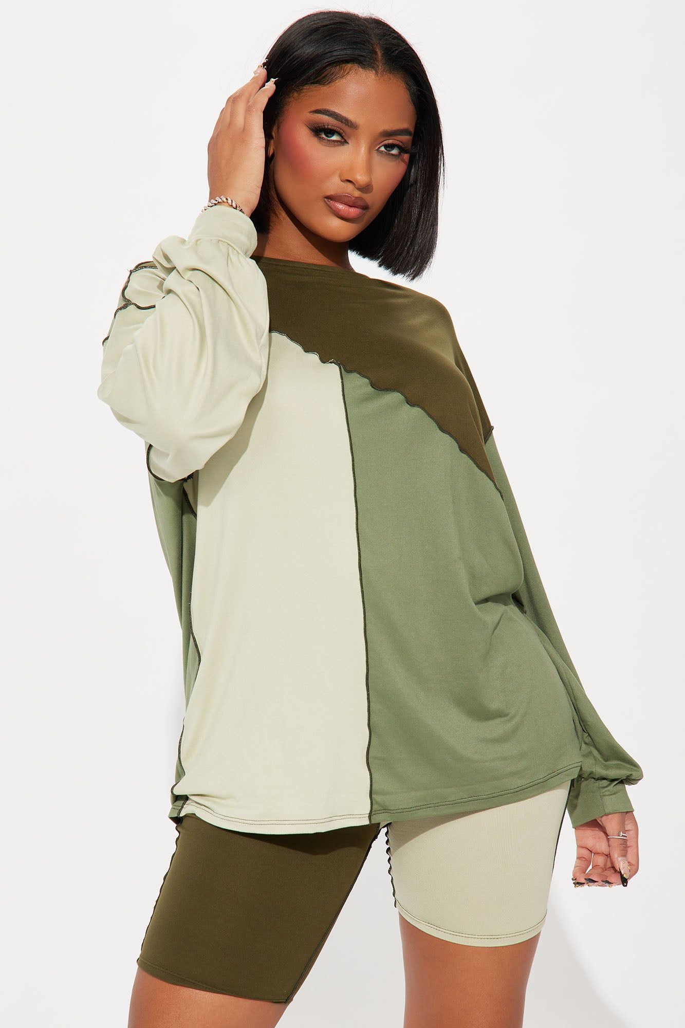 No Drama Long Sleeve Short Set - Olive/combo sold by Fashion Nova product image thumbnail 2