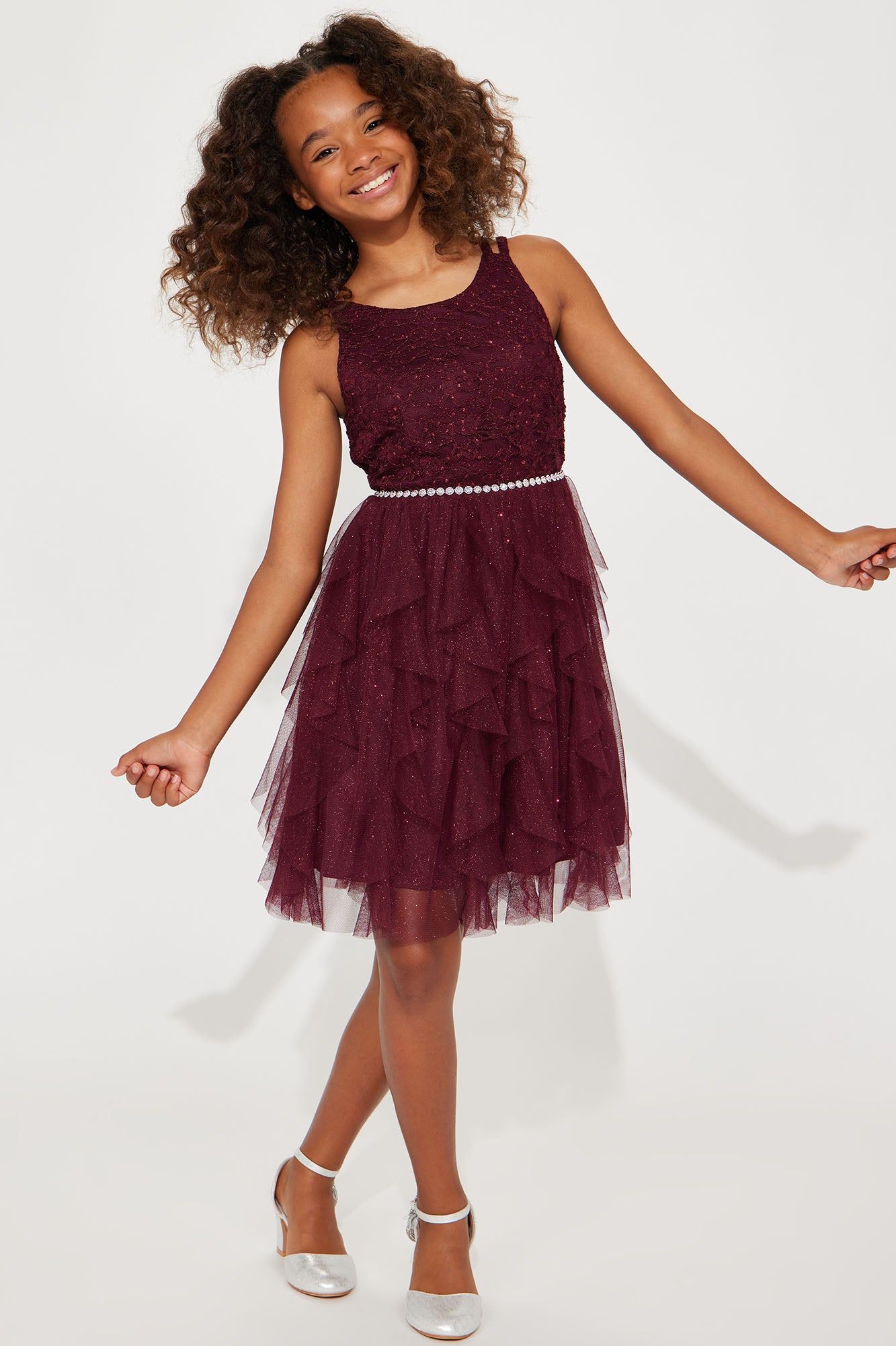 Mini Fine Dining Glitter Lace Midi Dress - Burgundy sold by Fashion Nova