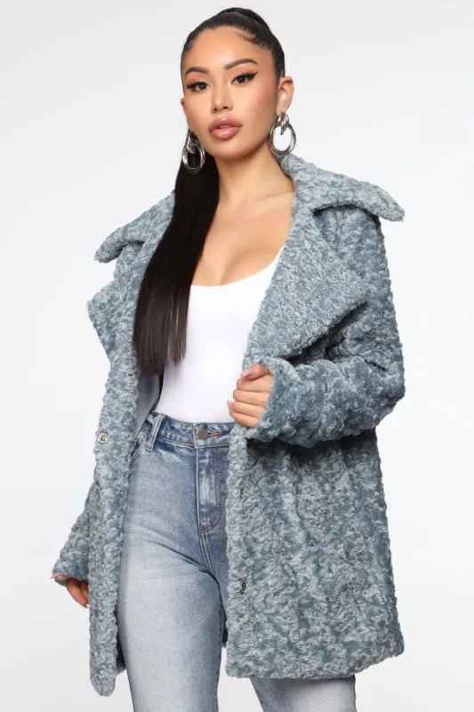 For The Best Faux Fur Jacket - Light Blue sold by Fashion Nova