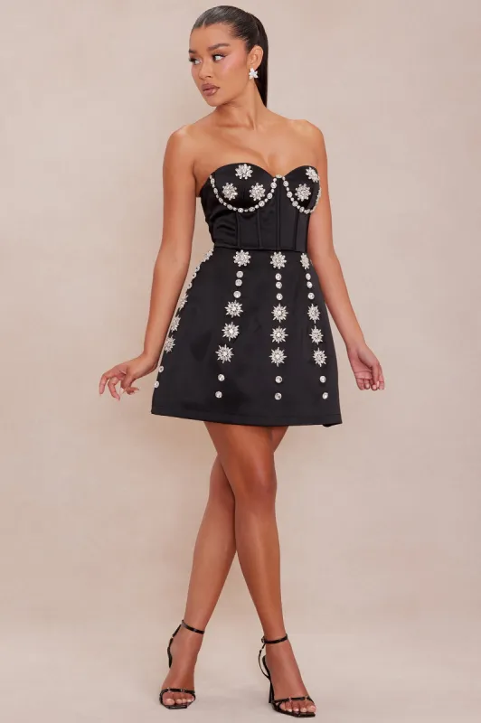 Shana Embellished Satin Mini Dress - Black sold by Fashion Nova