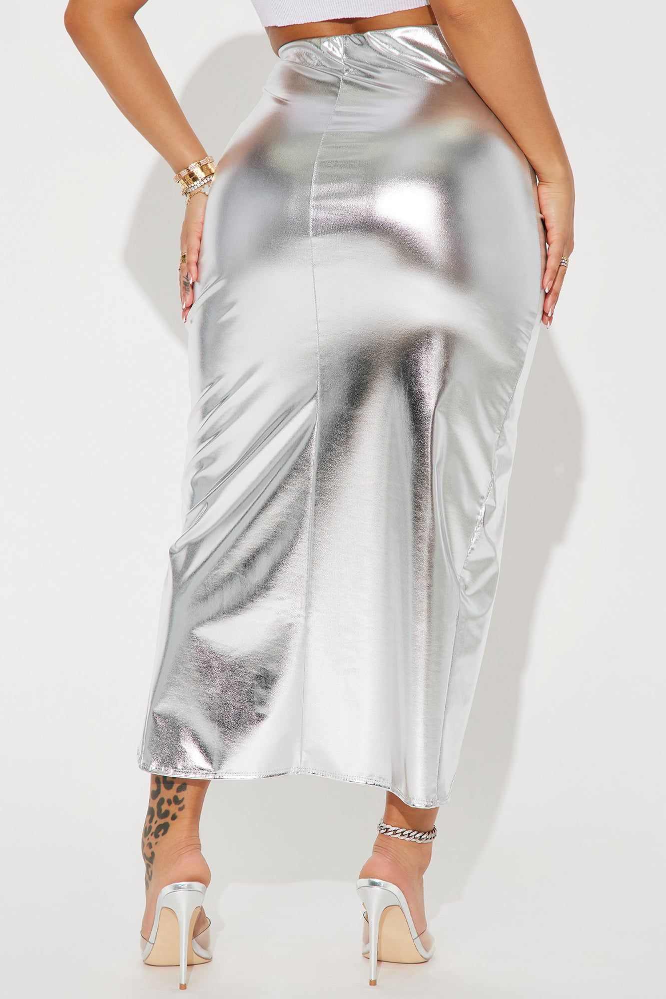 Selena Side Ruched Faux Leather Maxi Skirt - Silver sold by Fashion Nova product image thumbnail 3