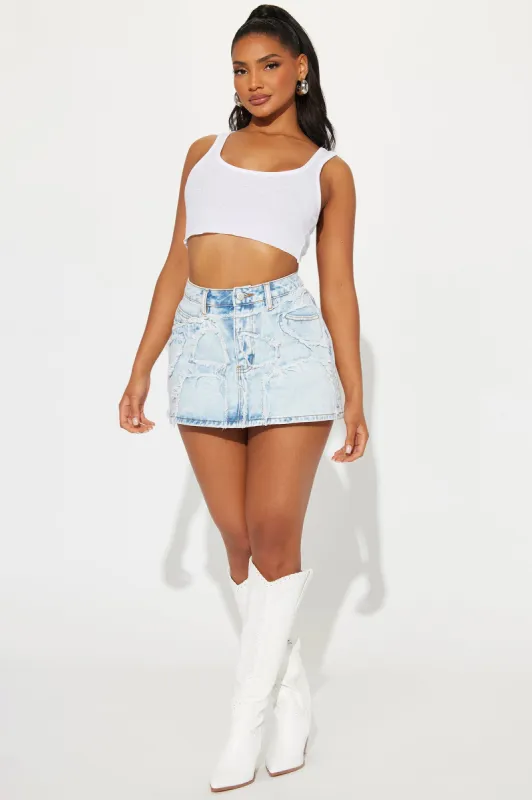 Switching Up Frayed Denim Micro Mini Skirt - Light Wash sold by Fashion Nova