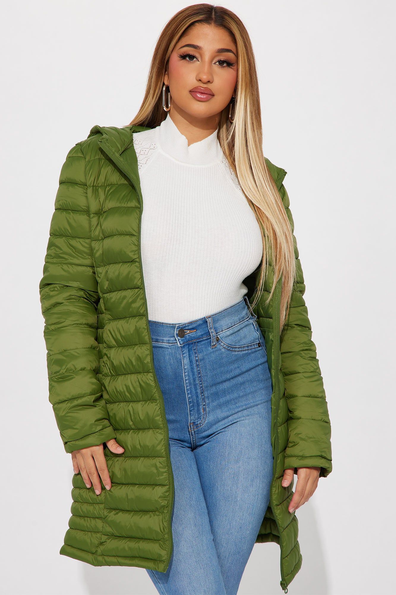 Padded Landing Puffer Coat - Olive sold by Fashion Nova