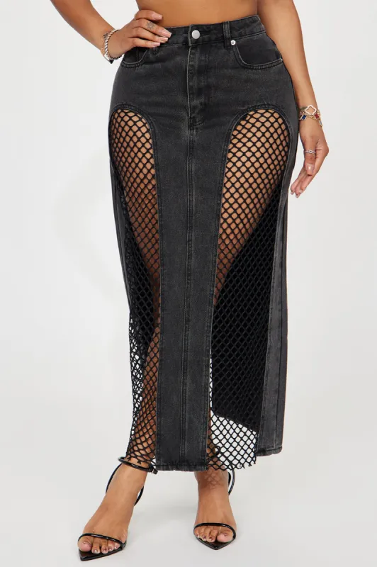 See Right Through You Denim Maxi Skirt - Black Wash sold by Fashion Nova