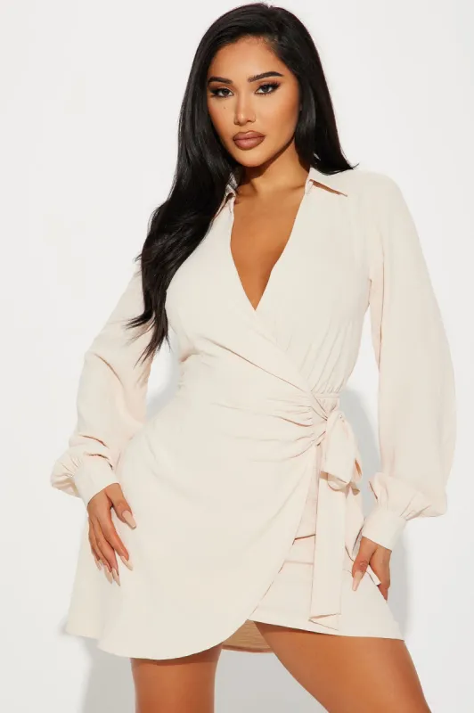 Willow Wrap Mini Dress - Oatmeal sold by Fashion Nova