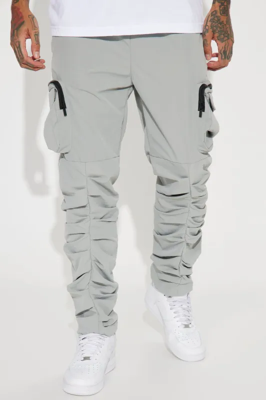 Stacked Ruched Nylon Cargo Pants - Charcoal sold by Fashion Nova