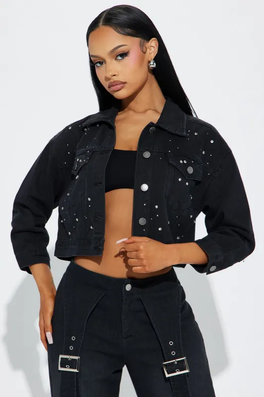 Star Shine Embellished Denim Trucker Jacket - Black Wash sold by Fashion Nova