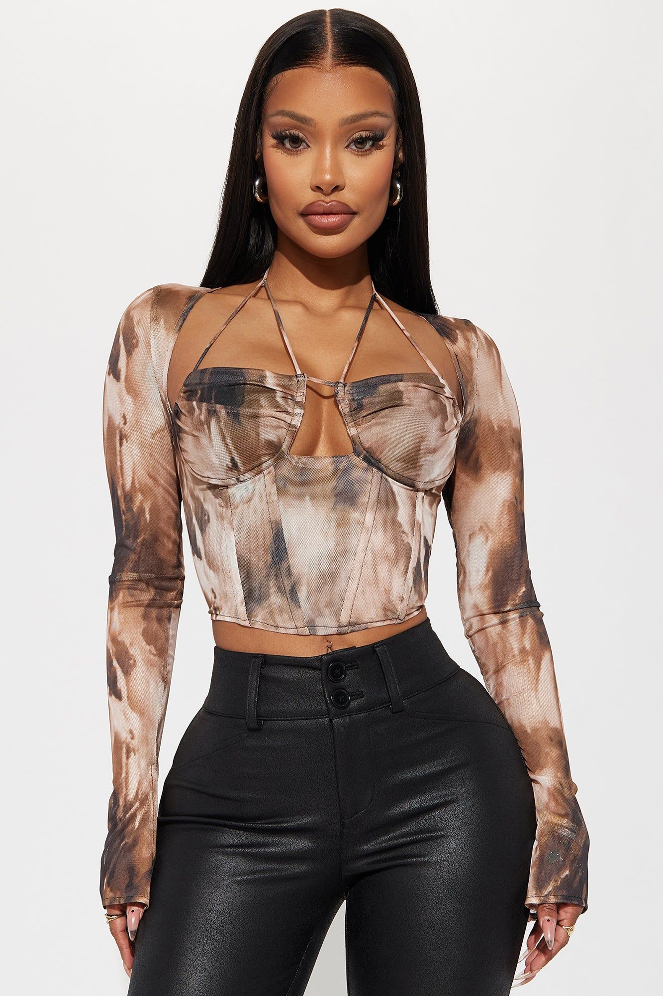 Maura Mesh Corset Top - Brown/combo sold by Fashion Nova