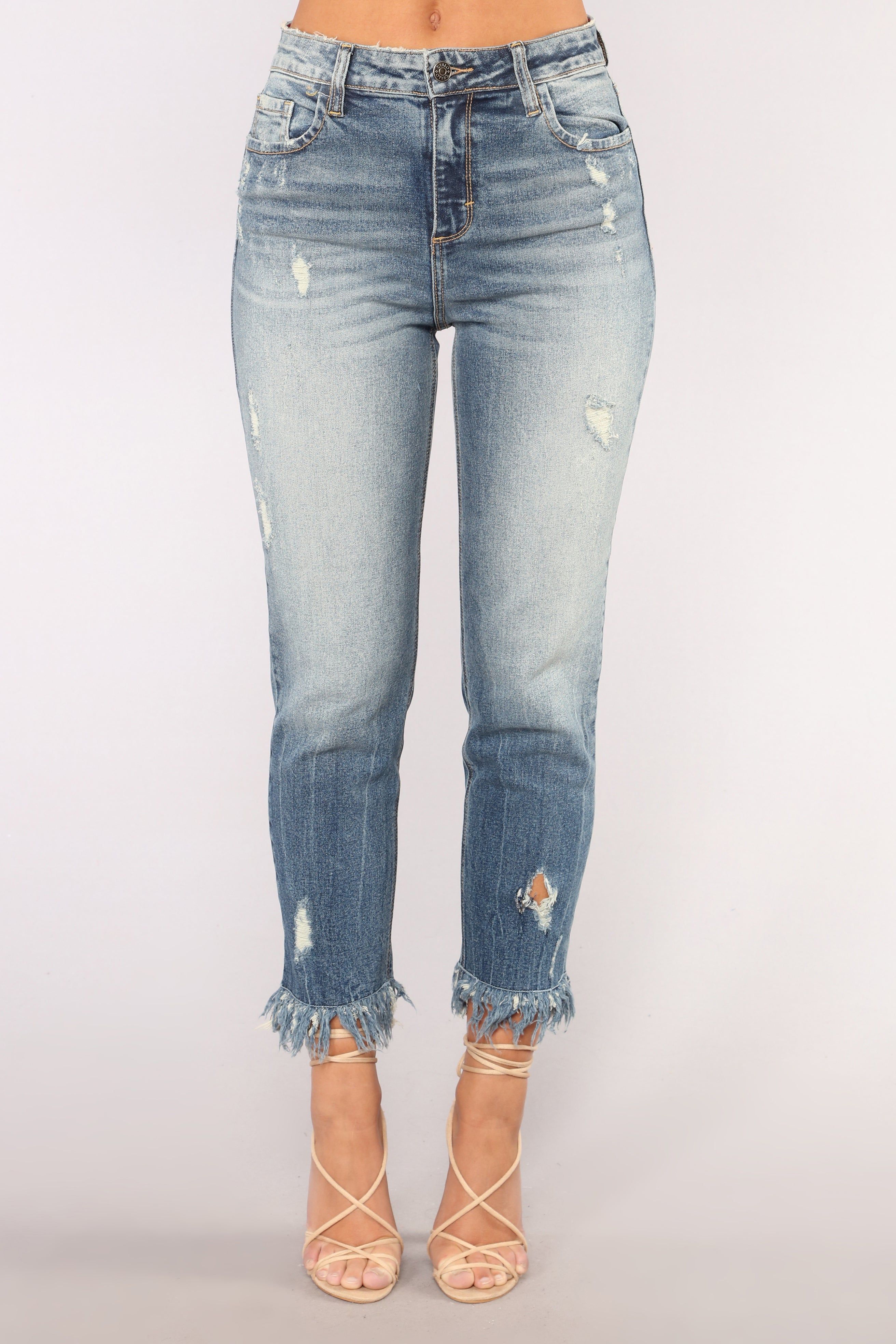 Hole In Your Story High Rise Distressed Jeans - Medium Blue sold by Fashion Nova