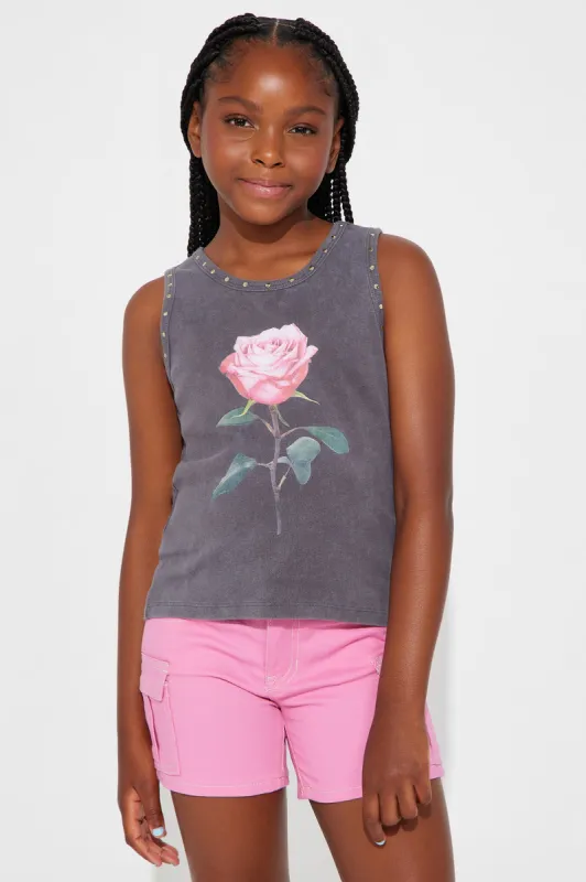 Mini Bloomed Rose Tank Tee - Charcoal sold by Fashion Nova