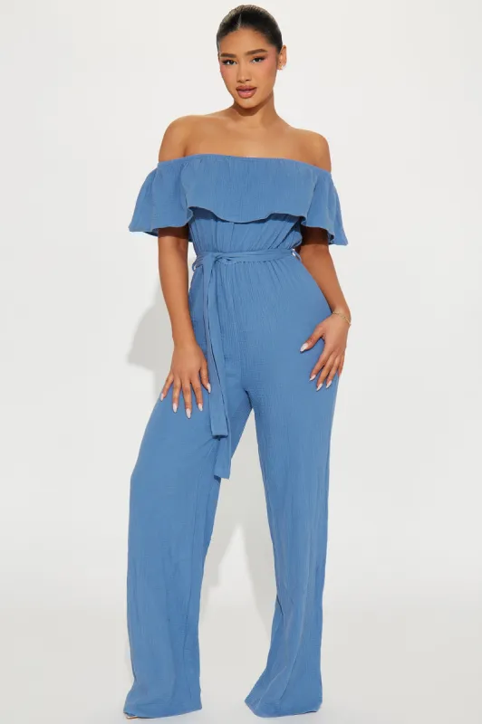 Fiona Flounce Jumpsuit - Slate Blue sold by Fashion Nova