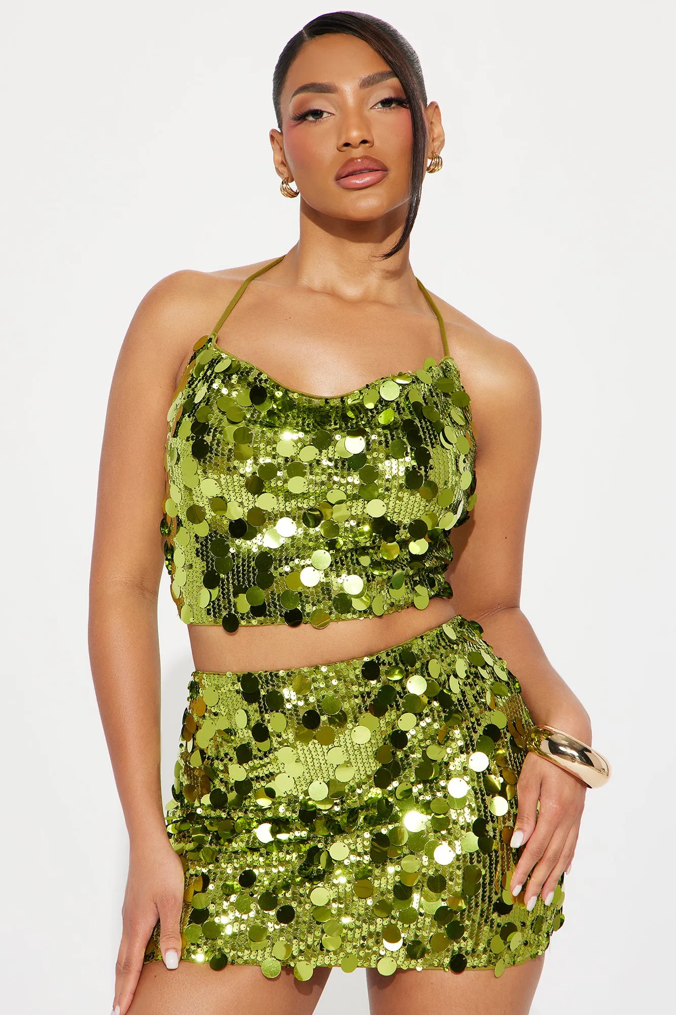 Keep It Up Sequin Skirt Set - Chartreuse sold by Fashion Nova