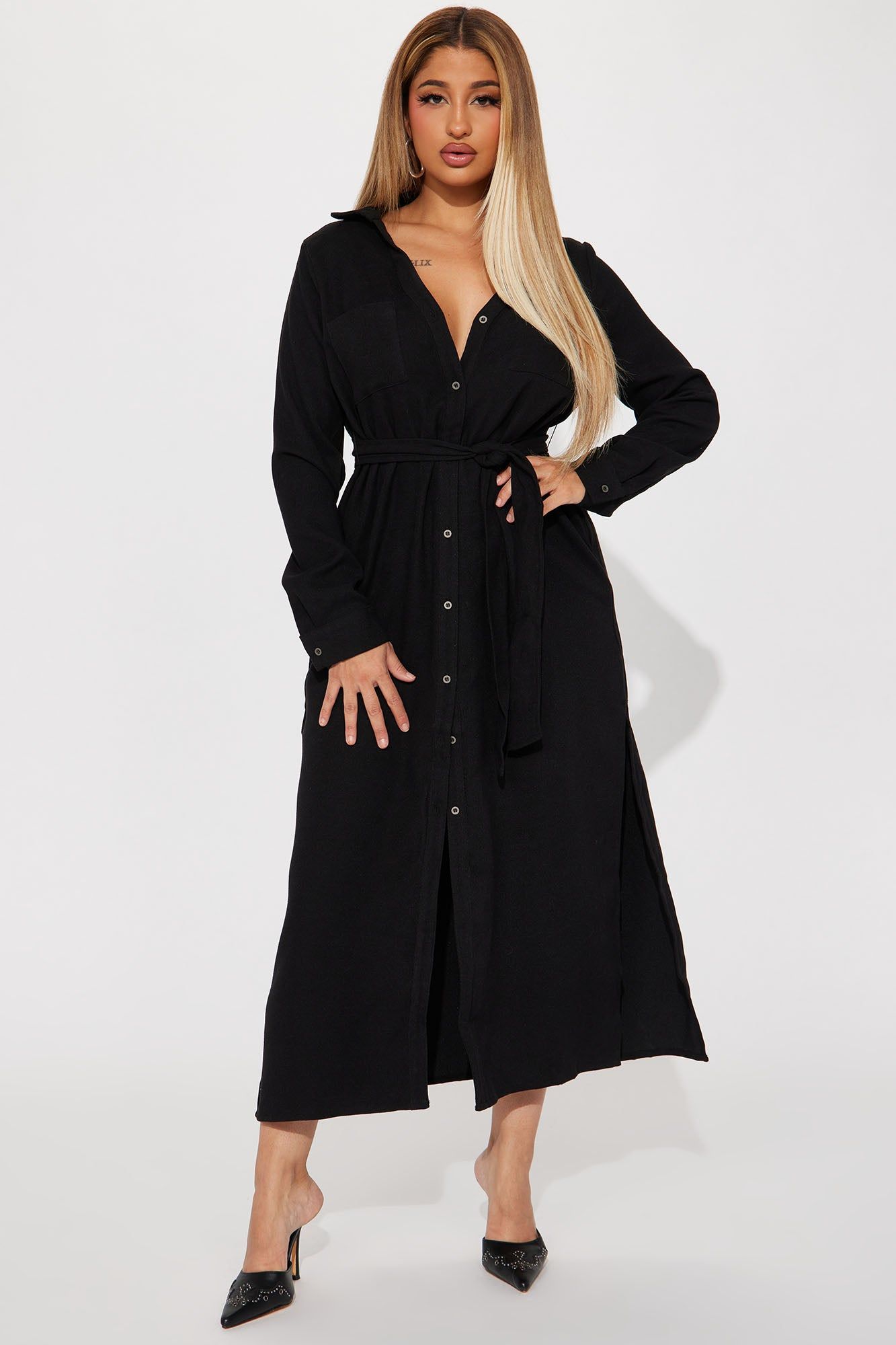 Gracie Button Down Maxi Dress - Black sold by Fashion Nova