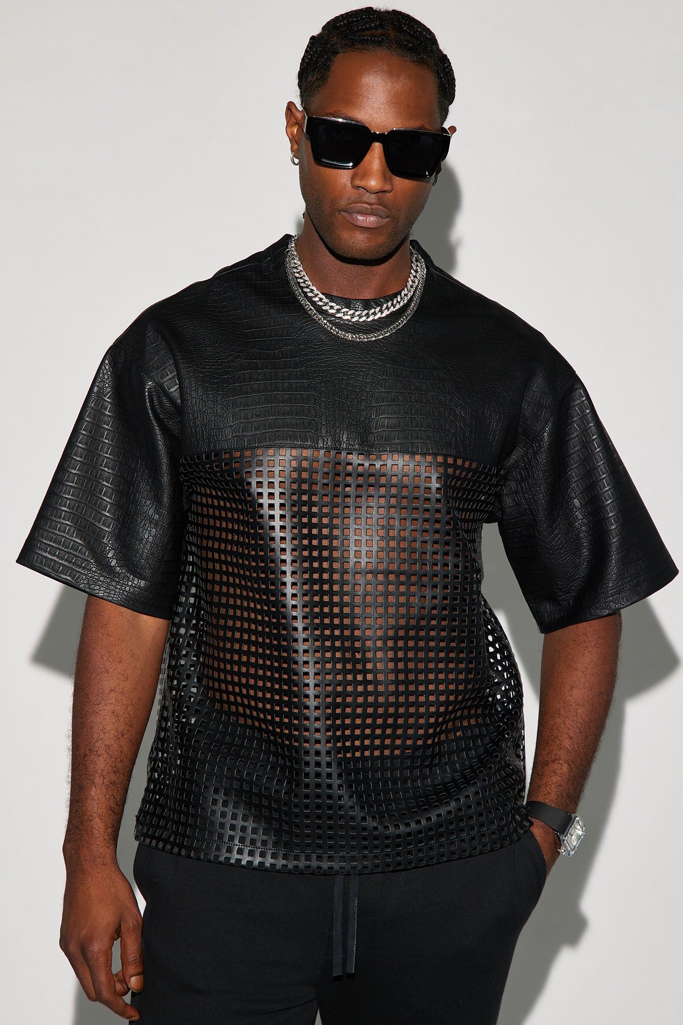 Gotta Run Faux Crocodile Leather Mesh Oversized Tee - Black sold by Fashion Nova
