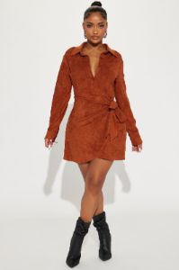 Working Hard Suede Mini Dress - Rust sold by Fashion Nova