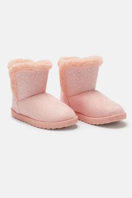 Mini Microsuede Faux Fur Rhinestone Cozy Boots - Pink sold by Fashion Nova