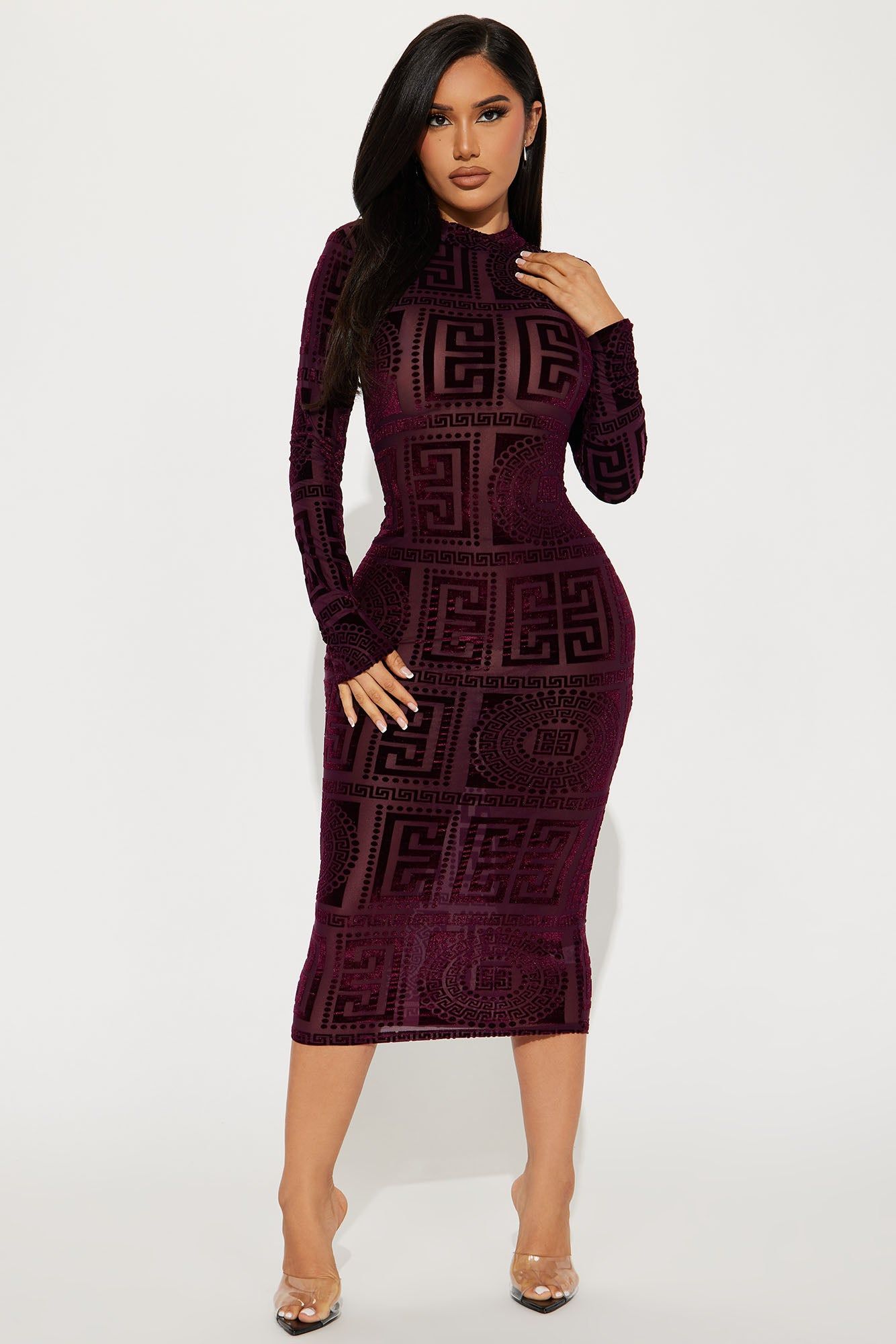 Remy Velvet Burnout Midi Dress - Burgundy sold by Fashion Nova