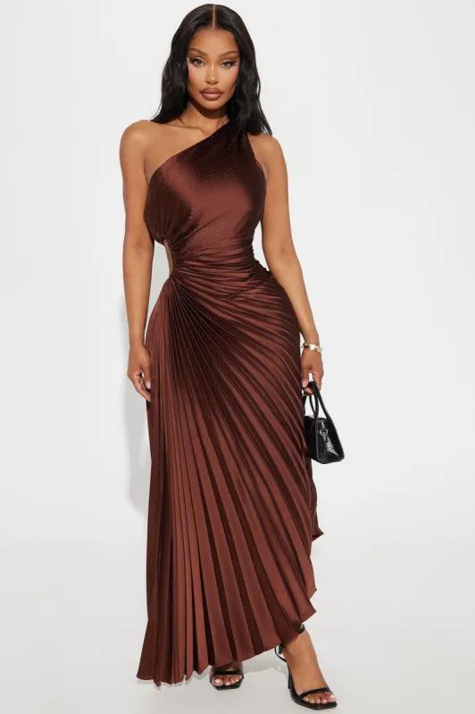 Belle Satin Maxi Dress - Chocolate sold by Fashion Nova