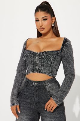 Angelina Washed Denim Top - Black Wash made by Fashion Nova