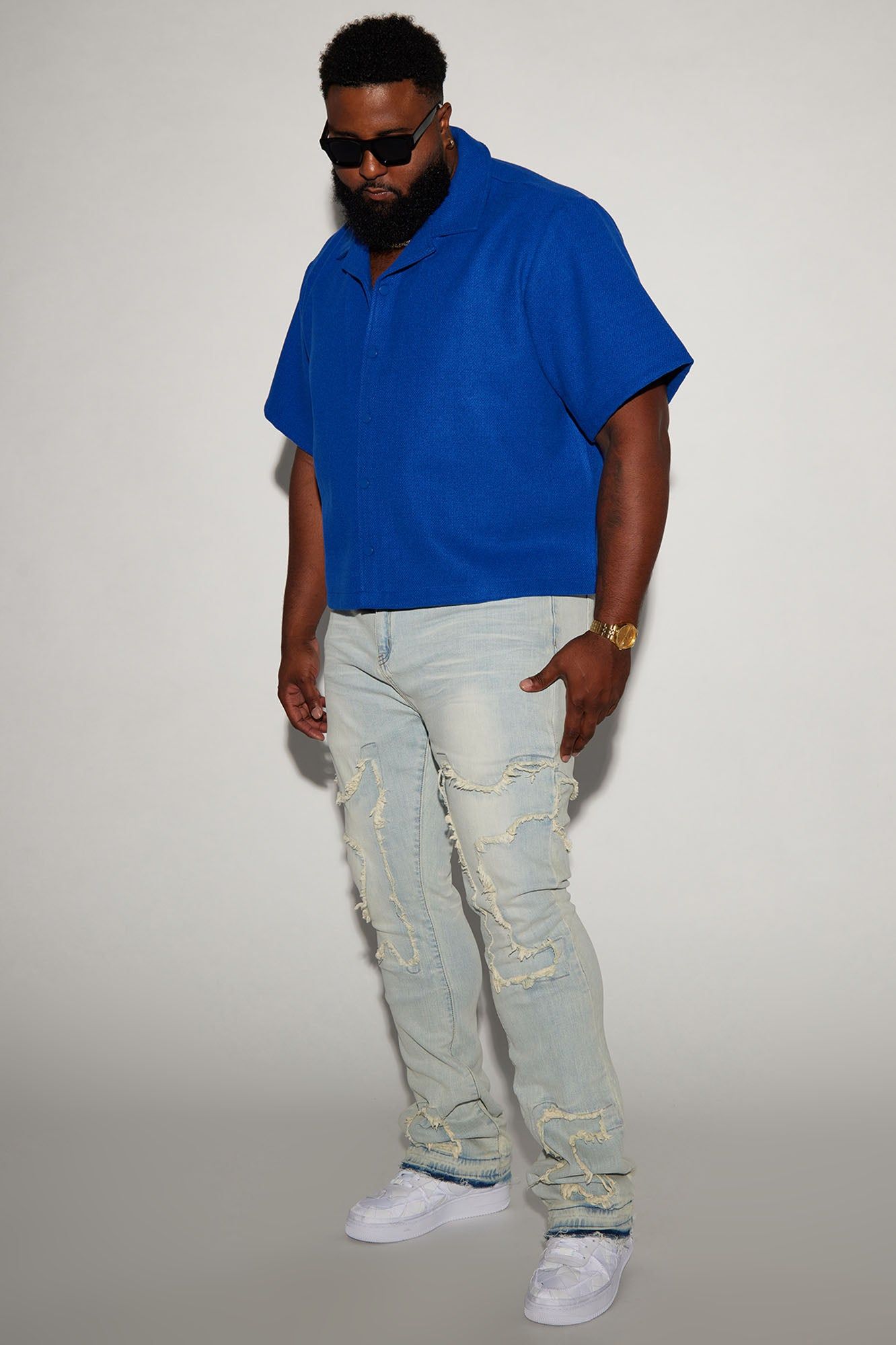 Wilder Textured Weave Cropped Button Up Shirt - Blue sold by Fashion Nova product image thumbnail 2