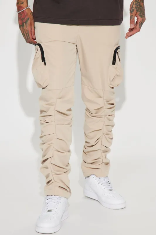 Stacked Ruched Nylon Cargo Pants - Taupe sold by Fashion Nova