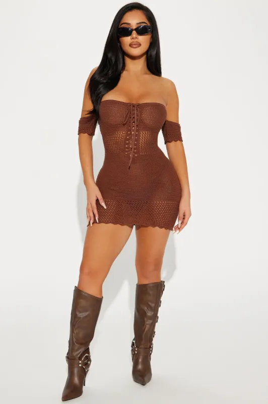 Charlie Crochet Mini Dress - Brown sold by Fashion Nova