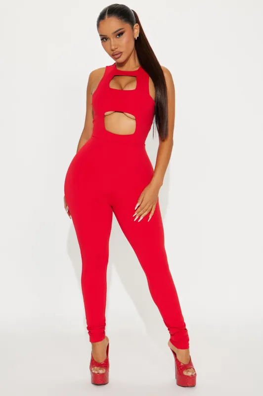 Playing Me Jumpsuit  - Red sold by Fashion Nova