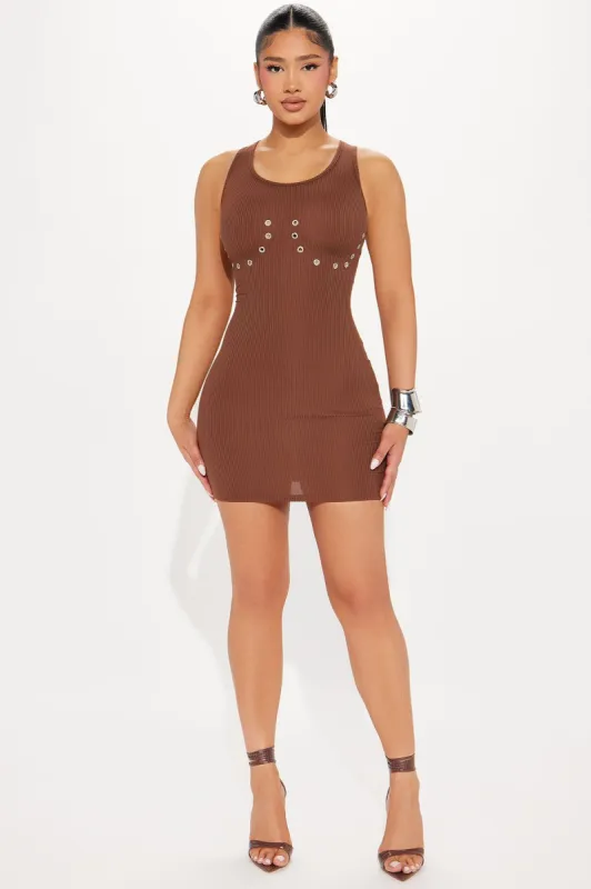 Her Curves Rhinestone Mini Dress - Brown sold by Fashion Nova