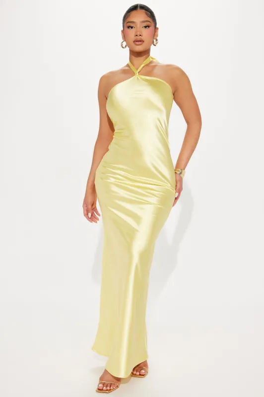 Maybell Satin Maxi Dress - Yellow sold by Fashion Nova