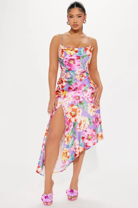 Bella Floral Satin Maxi Dress - Purple/combo sold by Fashion Nova