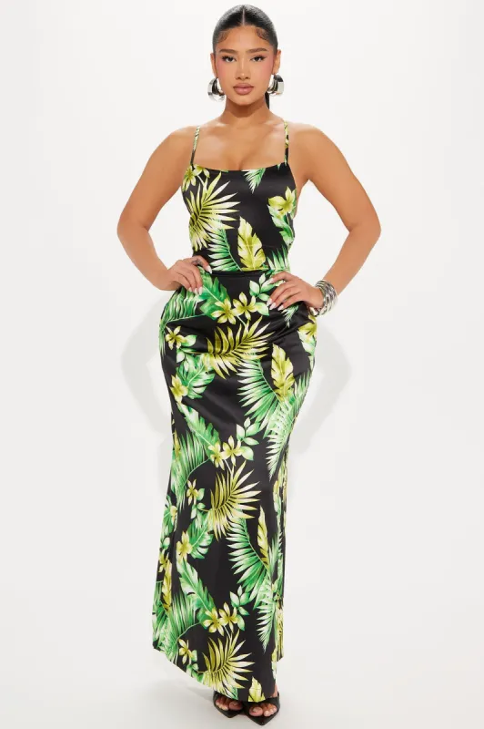 Palm Perfection Satin Maxi Dress - Black/combo sold by Fashion Nova