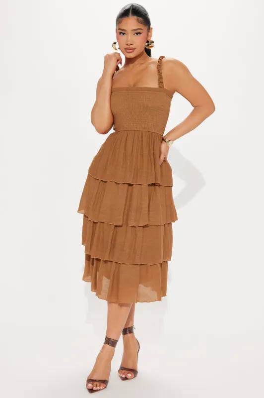 Jenni Gauze Midi Dress - Cognac sold by Fashion Nova