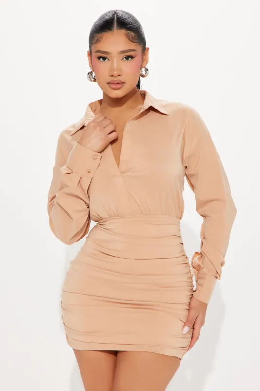Georgina Mini Shirt Dress - Camel sold by Fashion Nova