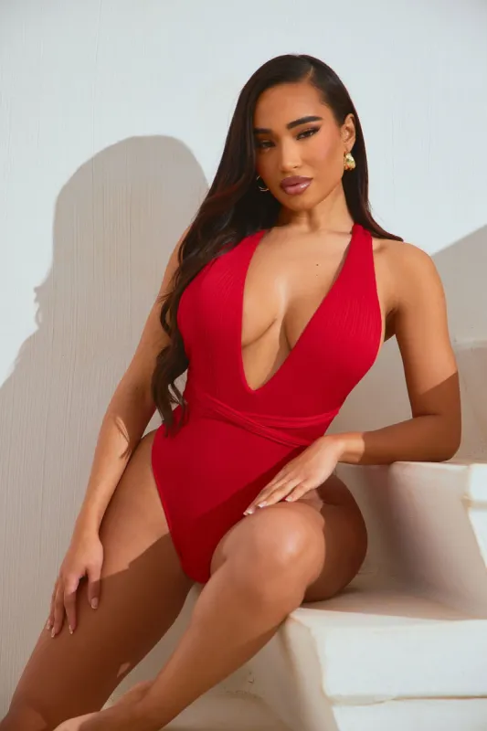 Tahlia Ribbed 1 Piece Swimsuit - Red sold by Fashion Nova