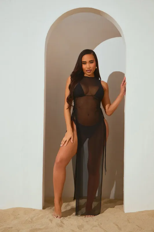 Summer Bae Ruched Mesh Cover Up Maxi Dress - Black sold by Fashion Nova