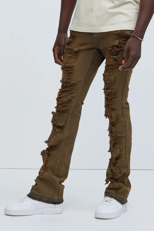 Broken Stacked Skinny Flare Jeans - Brown sold by Fashion Nova