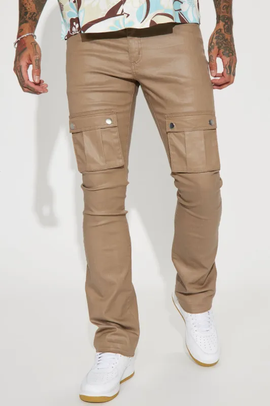 Top Off Stacked Skinny Flare Cargo Pants - Taupe sold by Fashion Nova