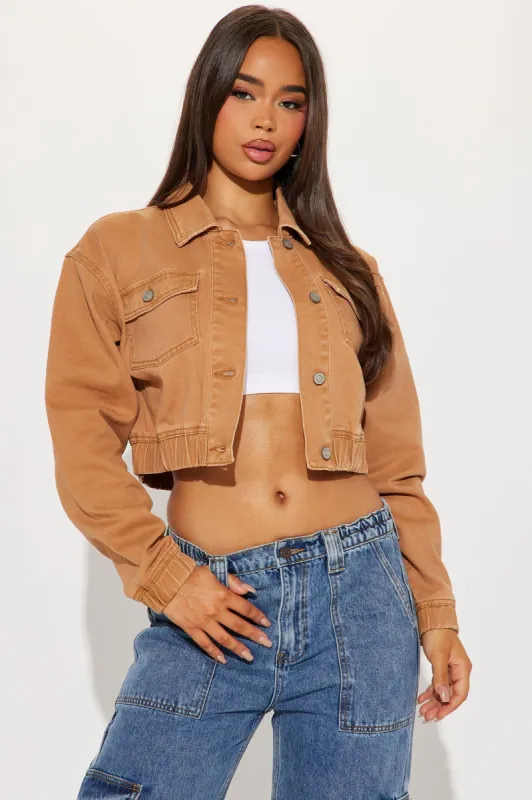 Like A Charm Denim Bomber Jacket - Tan sold by Fashion Nova