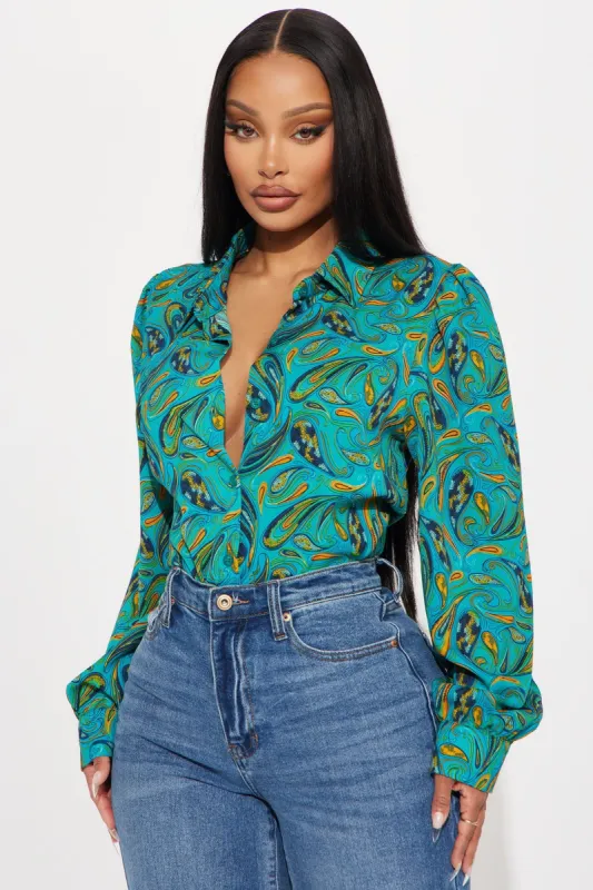 Belize Printed Shirt - Teal/combo sold by Fashion Nova