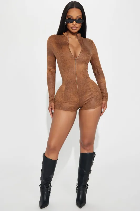 Show You A Good Thing Romper - Cognac sold by Fashion Nova