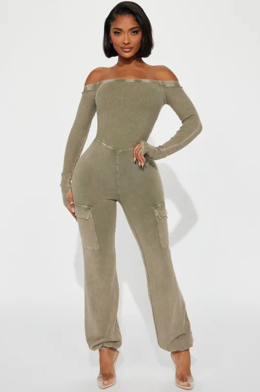 Not An Issue Washed Jumpsuit - Olive sold by Fashion Nova