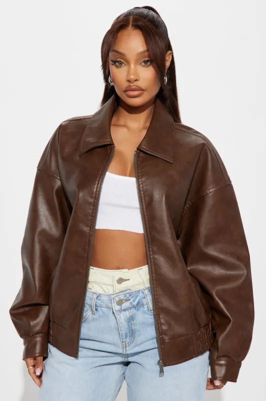 Hustle Mode Oversized Faux Leather Jacket - Chocolate sold by Fashion Nova