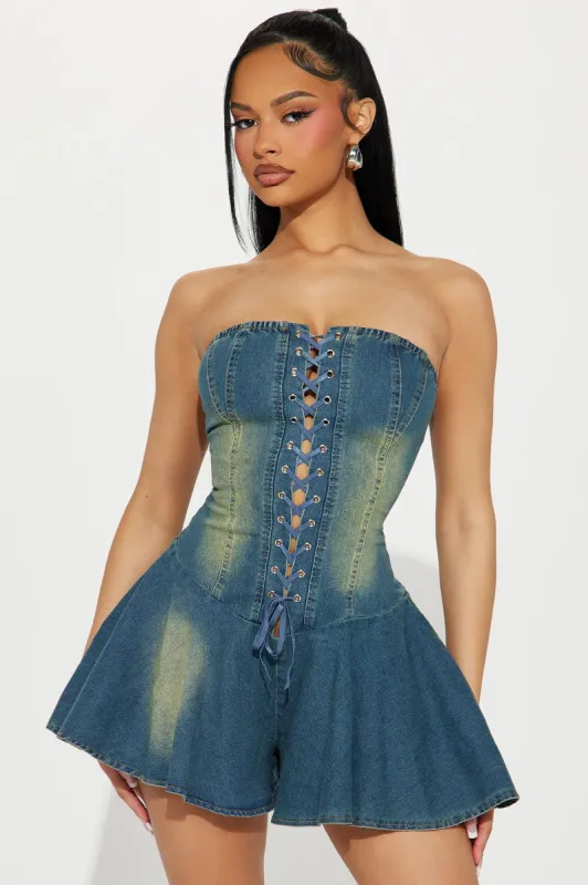 Look This Way Denim Romper - Medium Wash sold by Fashion Nova