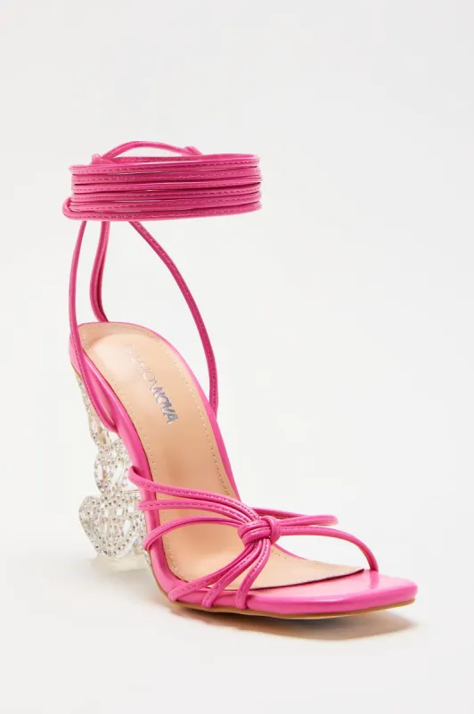 Fly Away With Me Embellished Wrap Up Heeled Sandals - Pink sold by Fashion Nova
